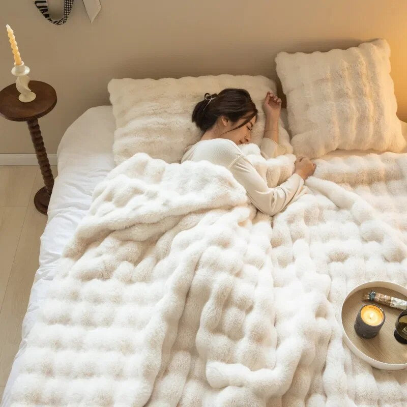 Pluche Plaid Lichtbruin Beige Wit Hemelsblauw 100-230 cm Zachte Woonplaid voor Bed Bank Slaapkamer Woonkamer | Sansoti
