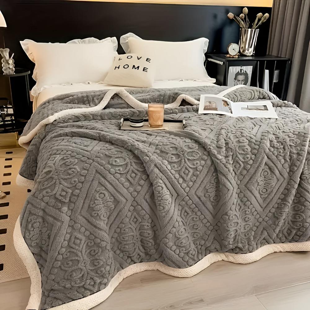 Double-Sided Sherpa Throw with Mandala Pattern 120-230cm Embroidered Design Blanket Bedroom Living Room | Sansoti