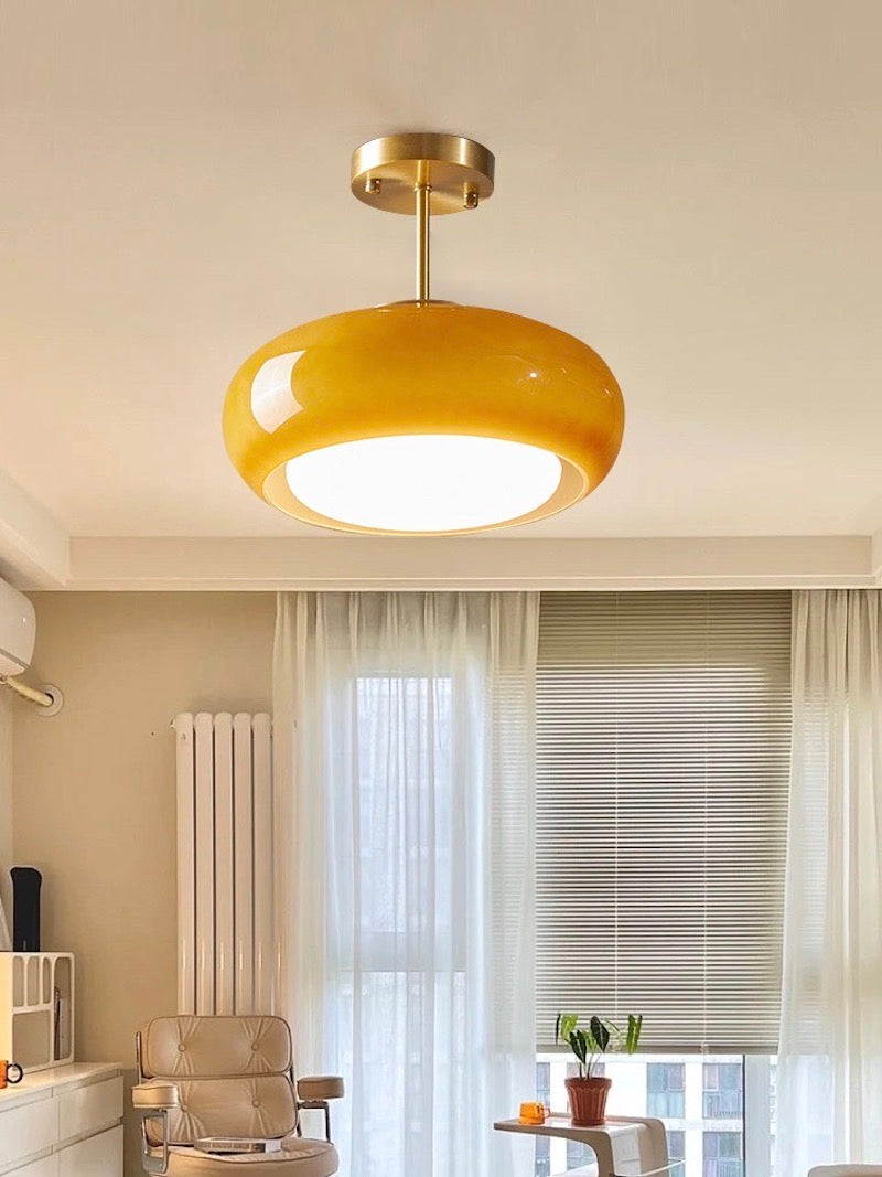 Plafondlamp Glazen Schijf Bauhaus Design Messing of Chroom Oranjegeel of Wit Glas Retro Stijlvolle Verlichting | Sansoti