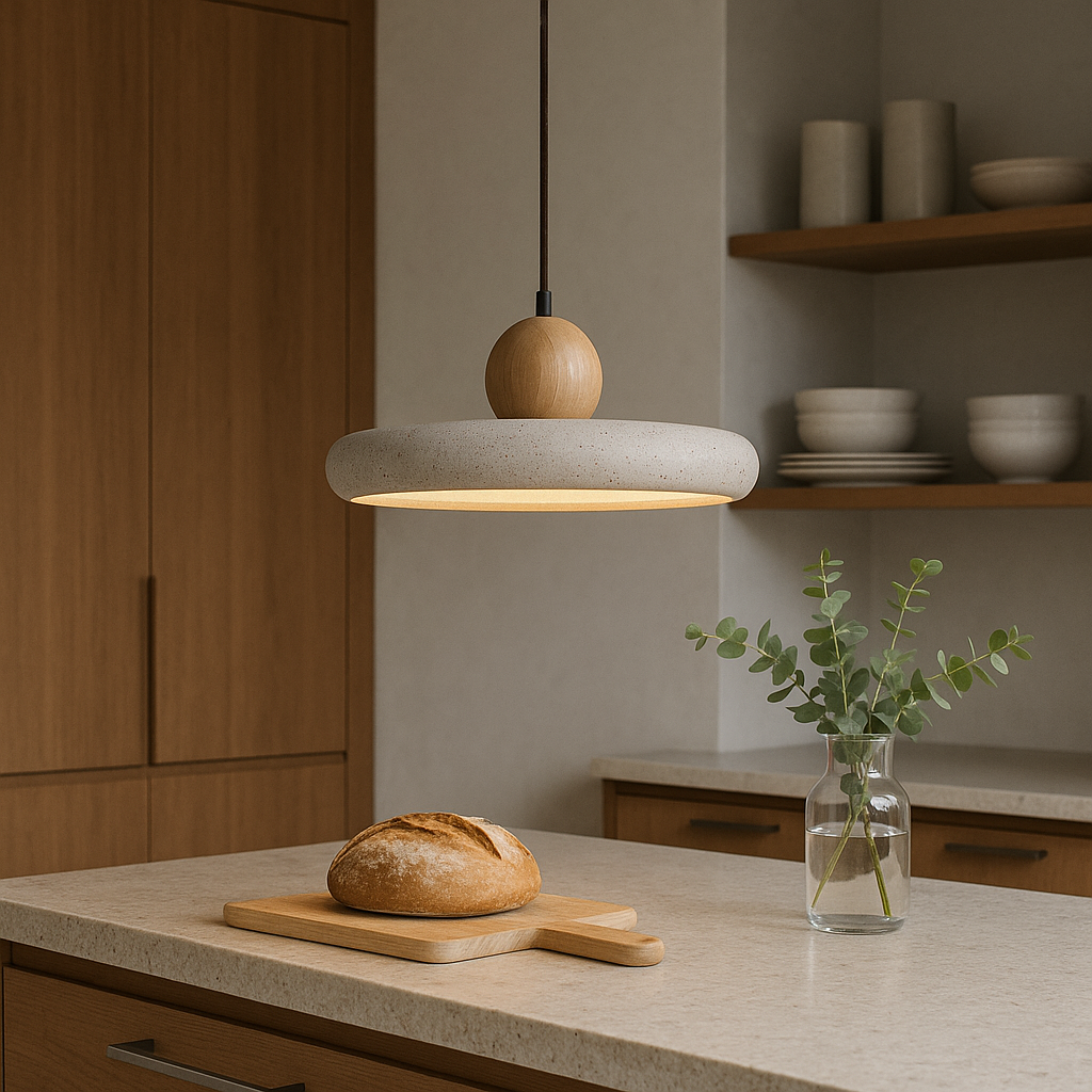 Travertijn Hout Hanglamp LED Ø30cm Beige Eetkamer Scandinavisch Minimalistisch Design Natuursteen Hanglamp Verlichting | Sansoti
