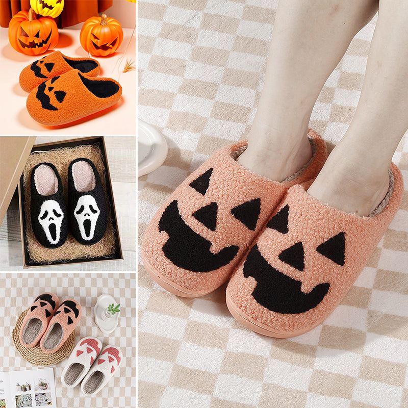 Halloween-Hausschuhe mit Kürbis- oder Geistermotiv, rutschfester Sohle, warmem Plüsch, bequem, unisex, Größe 37-44 | Sansoti