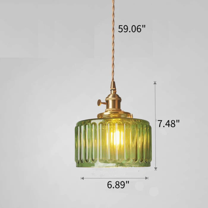 Grüne Transparente Glas-Hängeleuchte Mit Gerippter Struktur Und Messingfassung Vintage E27 Deckenlampe Für Esszimmer Wohnzimmer Und Küche | Restfield