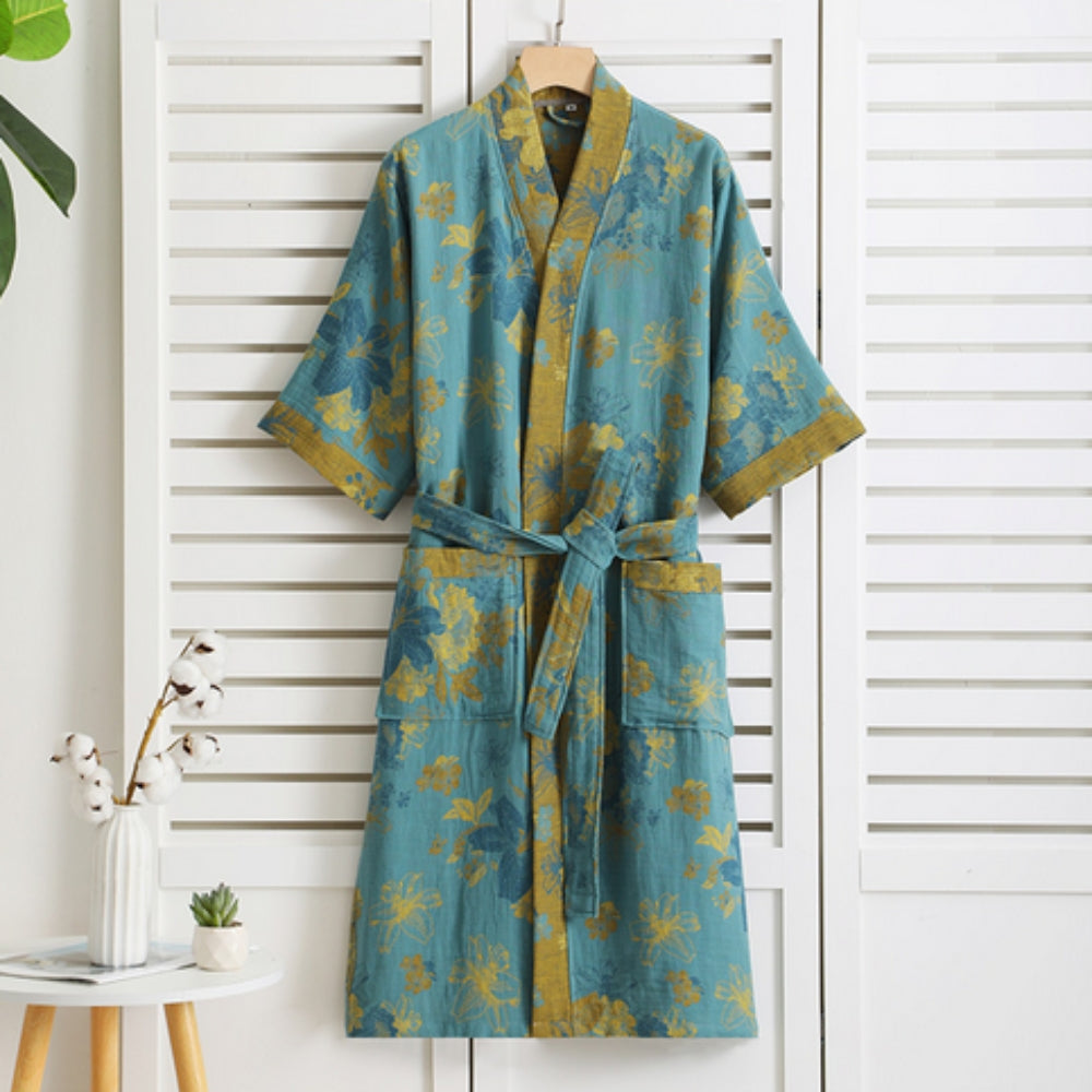 Cotton Robe, Double Gauze, Vintage Print, Loungewear, Terry Cloth Kimono, Spa, Home Comfort, Relaxation, Wellness | Sansoti