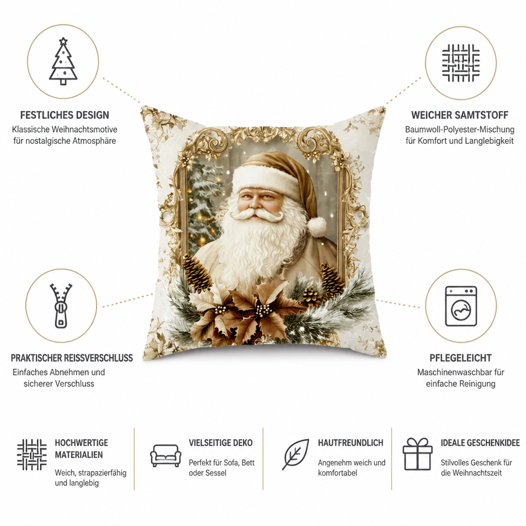 Samt-Kissenbezug mit festlichem Motiv 45×45 cm Gold Baumwoll-Polyester Reißverschluss Quadratisch Dekorativ für den Innenbereich | Sansoti
