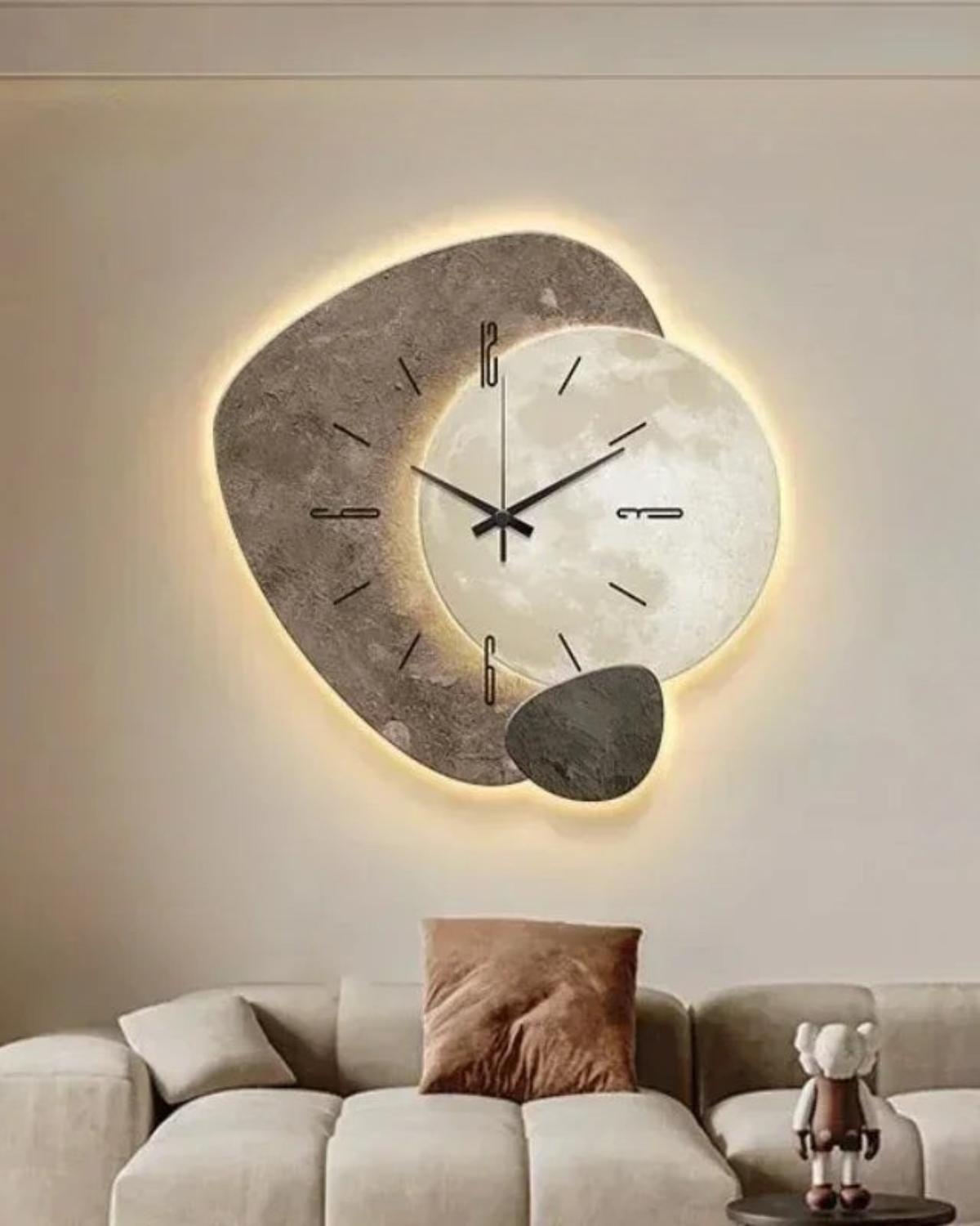 Wandklok met Maanreliëf en Optionele Verlichting Zwart Goud Betonlook Scandinavisch Interieur Decoratief Tijdweergave Woonkamer Slaapkamer Kantoor Modern Minimalistisch Wanddecoratie | Sansoti