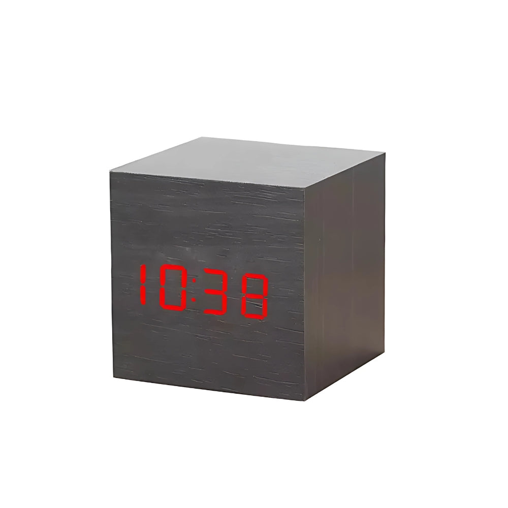 Digitale LED Wekker Kubus met Temperatuur Display Hout Finish | Sansoti