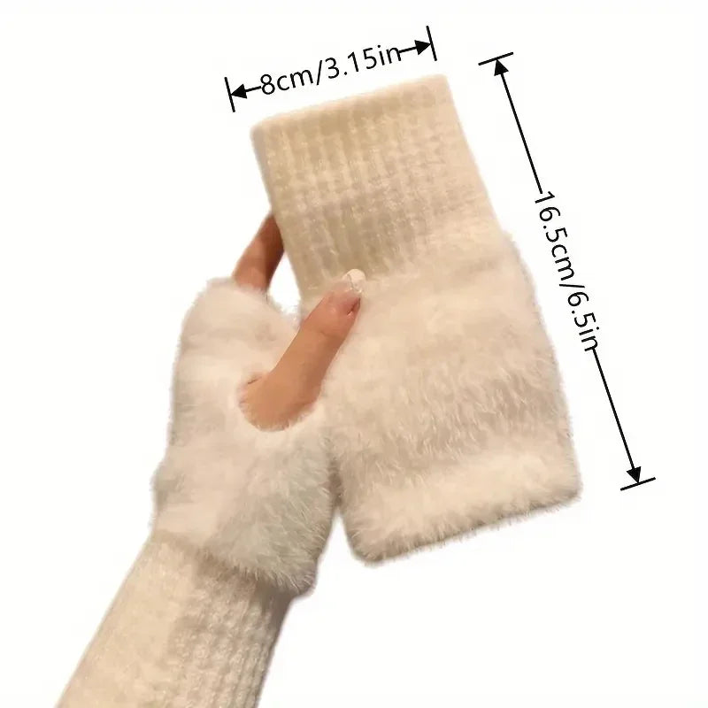 Fingerless gloves plush women's winter warm typing phone touchscreen one size comfortable soft | Sansoti