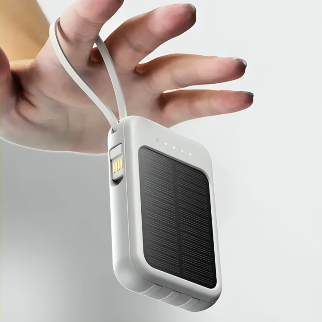 Oplaadbare Powerbank 20000mAh met Zonnepaneel, LED-Zaklamp en Ingebouwde Kabels – Draagbare Noodaccu met Dubbele USB- en Type-C-Aansluiting voor Smartphone en Tablet | Sansoti