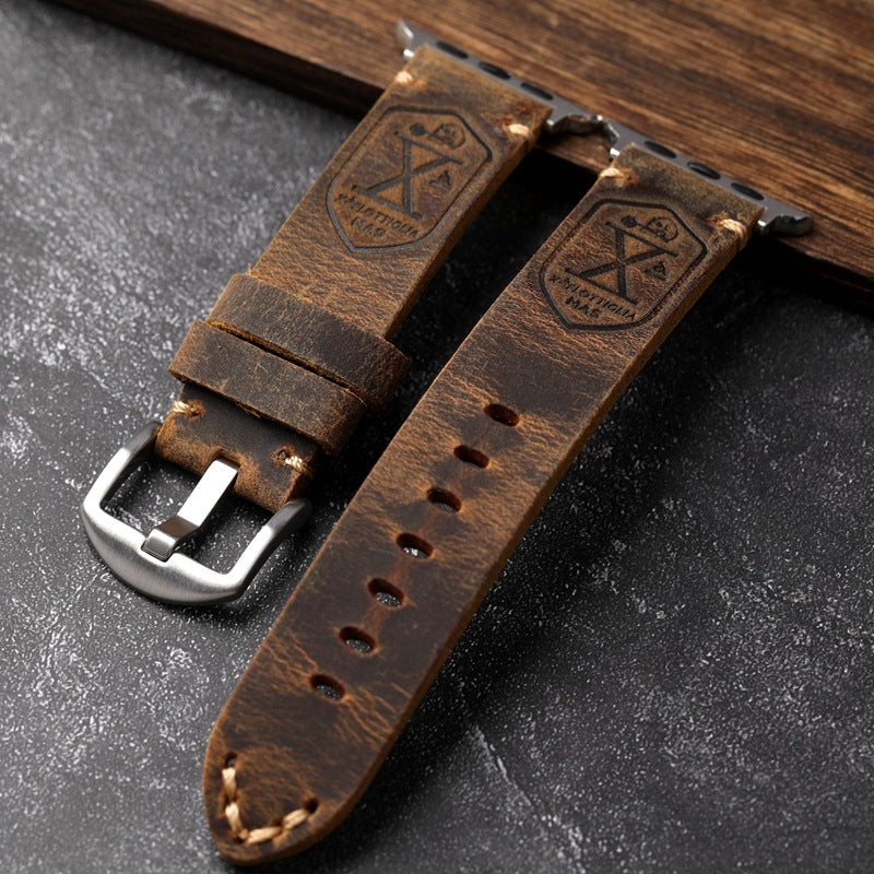 Vintage Leren Horlogeband voor Apple Watch met Handgestikte Naden en Volledig Narfleder Afwerking | Verstelbare Bandje 40-49mm voor Authentieke Retro Look Patina Ontwikkeling | Sansoti