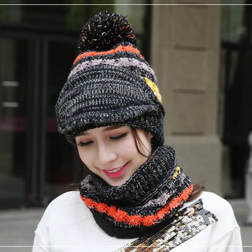 Knitted Hat and Scarf Set with Velvet Lining Removable Face Mask Winter Accessory Warm and Comfortable Women | Sansoti
