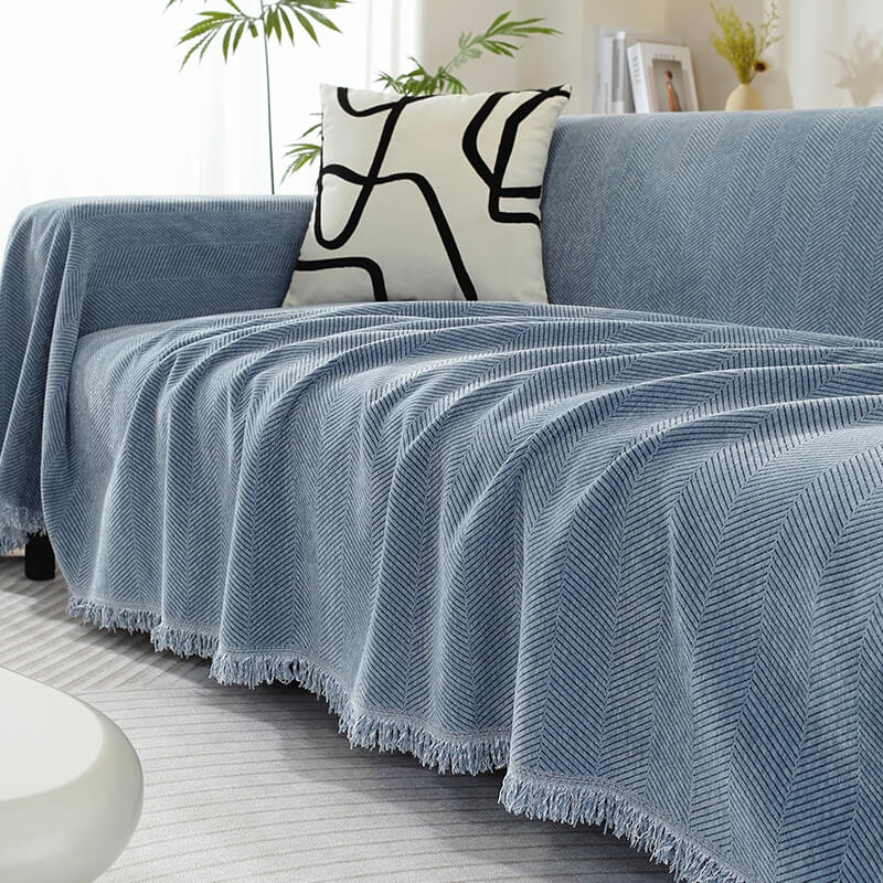 Chenille Plaid met Visgraatpatroon en Kwasten – Zachte Bankdeken 180x130cm – Decoratief Woonkleed voor Sofa | Sansoti