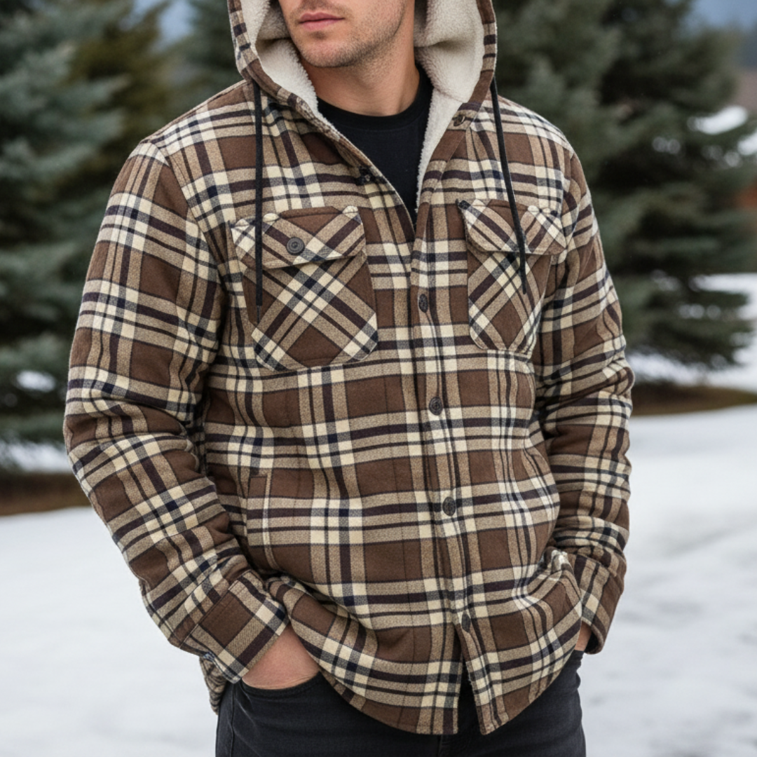 Gefüttertes Flanell-Overshirt für Herren, kariertes Hemdjacke mit Kapuze, warme Winterjacke, Herbst-Outdoor-Arbeitskleidung | Sansoti