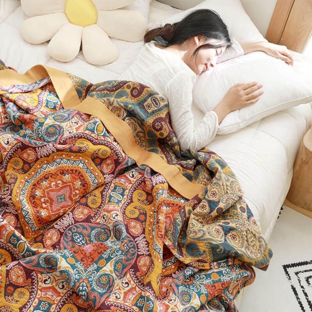 Omkeerbare Plaid in Boho-Stijl met Koelend Effect – Dubbelzijdig Zomerdeken met Vochtafvoer – Zacht Katoenen Sprei voor Warme Nachten – Moderne Deken met Zonsopgang-Patroon | Sansoti