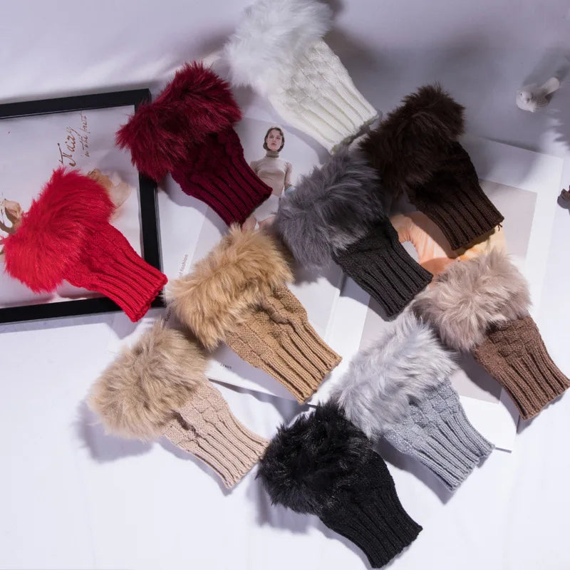 Fingerless Gloves with Faux Fur Wrist Warmer, Wool Hand Warmer, Stretchy, for Colder Days, Winter Comfort | Sansoti