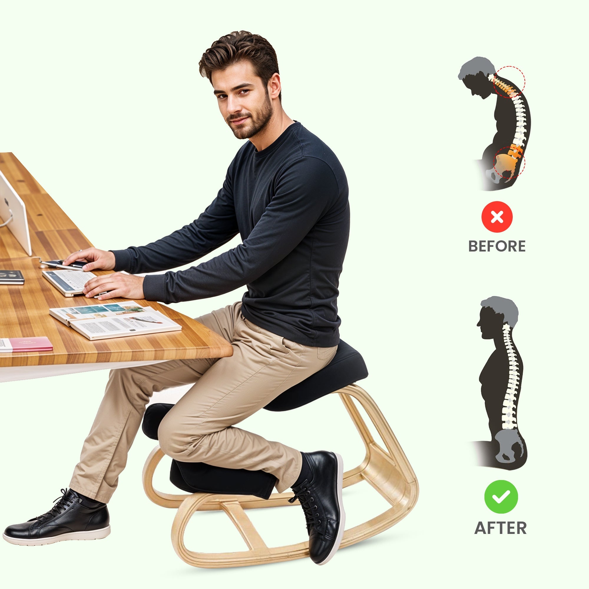 Chaise à Genoux Ergonomique en Bois avec Base Oscillante et Coussin en Mousse à Mémoire – Design Noir | Restfield