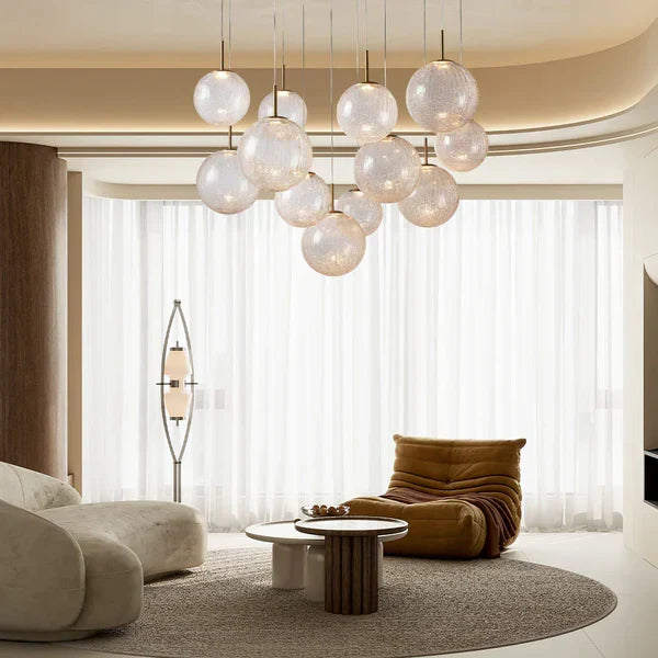 Suspension ronde à boules en verre, laiton et verre craquelé, réglable pour pièces à hauts plafonds, lustre LED | Sansoti