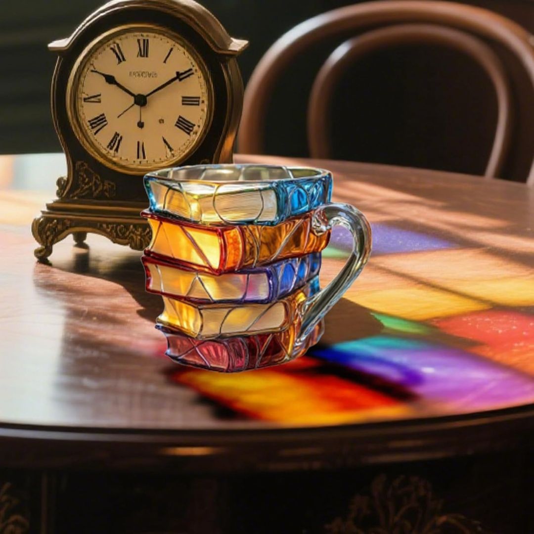 Handgemaakte 3D Boekenmok met Reliëf – Boekenliefhebber Cadeau – Dikwandig Glas – Koffie Thee Beker – Gedetailleerde Boekenruggen | Sansoti