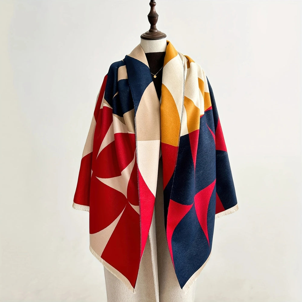Omkeerbare Sjaal met Geometrisch Blokdesign Warm Zachte Microvezel Poncho voor Herfst en Winter | Sansoti