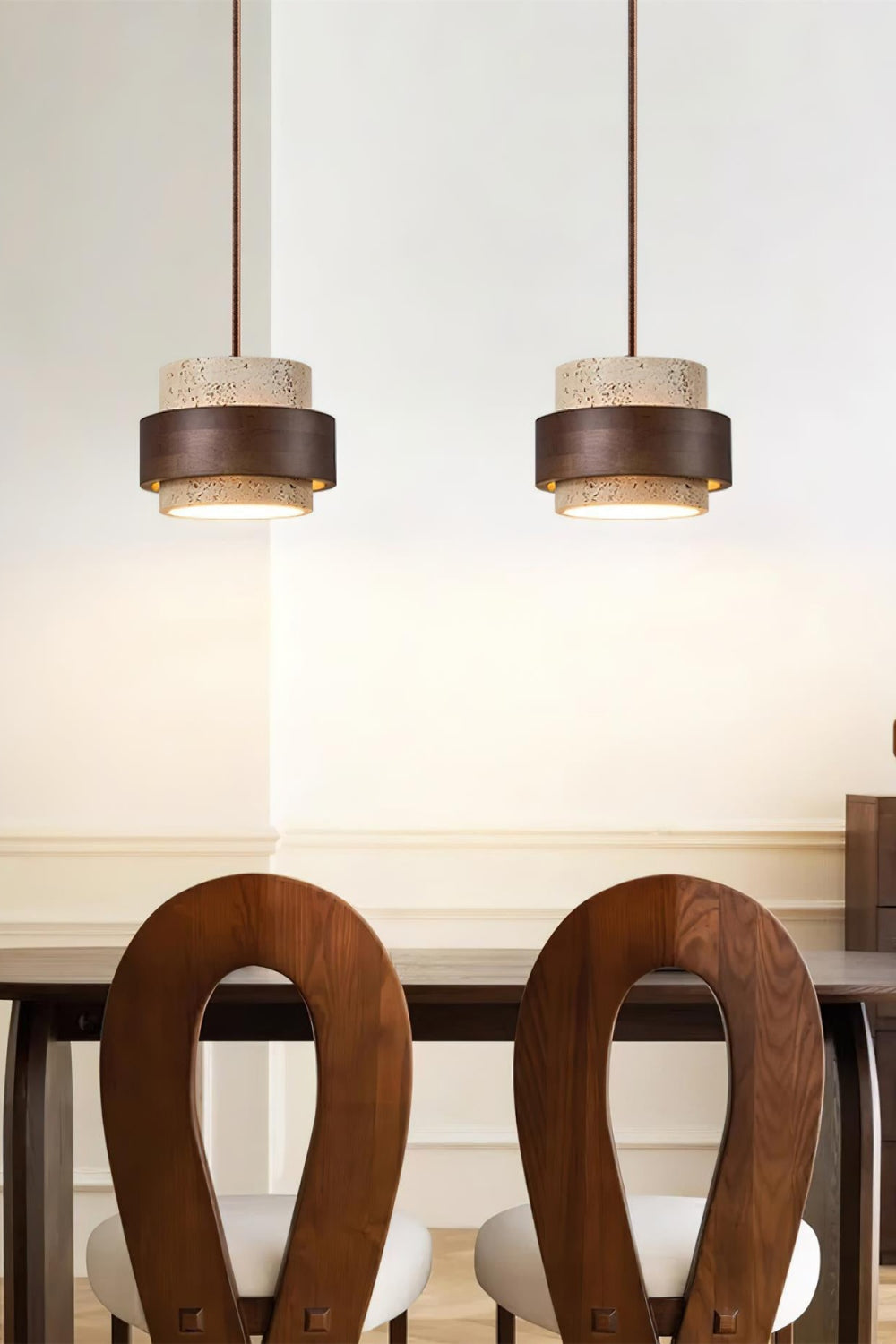 Houten Hanglamp met Travertijn Afwerking – Organische Lichtbron Eetkamer Woonkamer | Sansoti