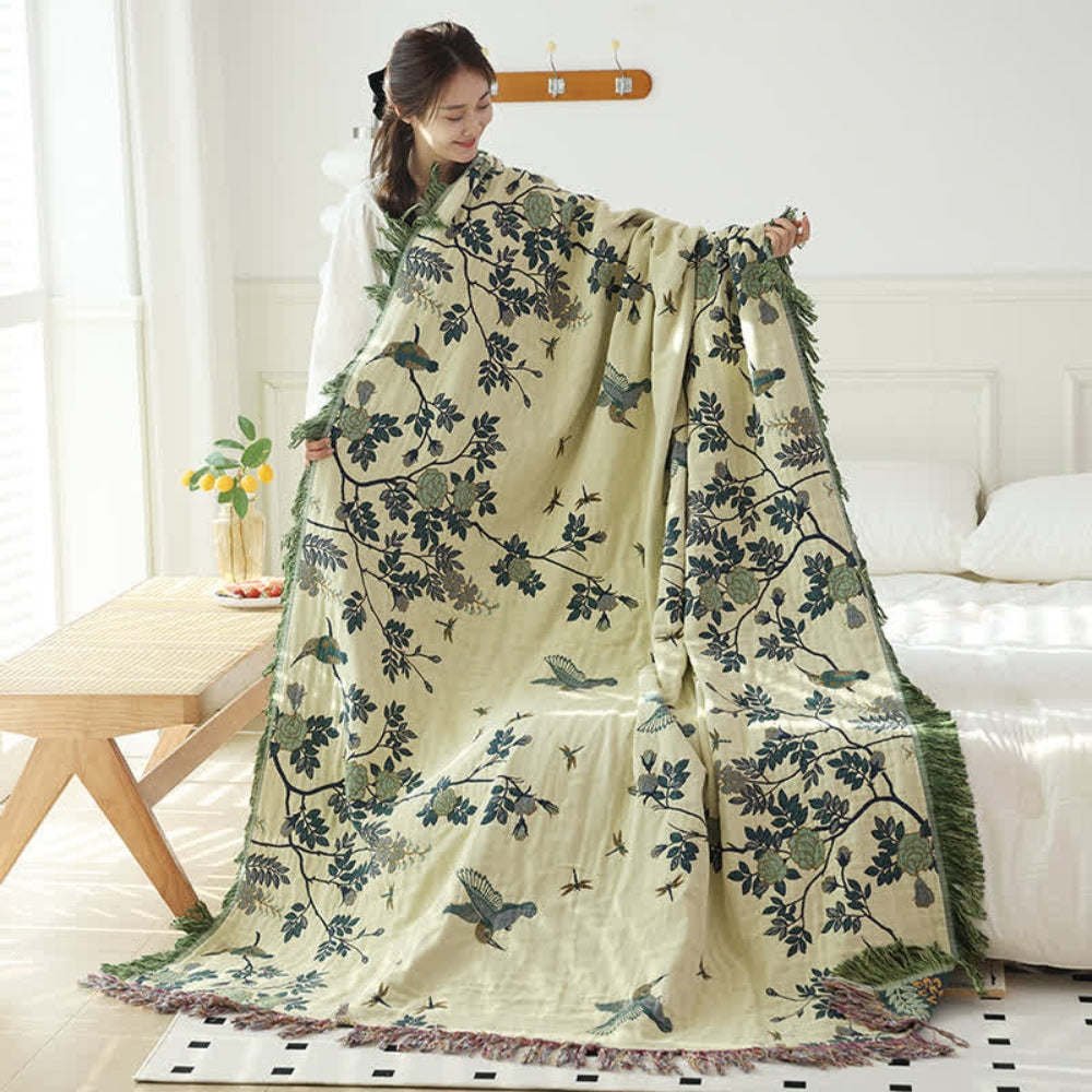 Meerlaagse Gazen Katoenen Plaid met Kwasten en Jacquardpatroon voor Bed en Bank | Sansoti