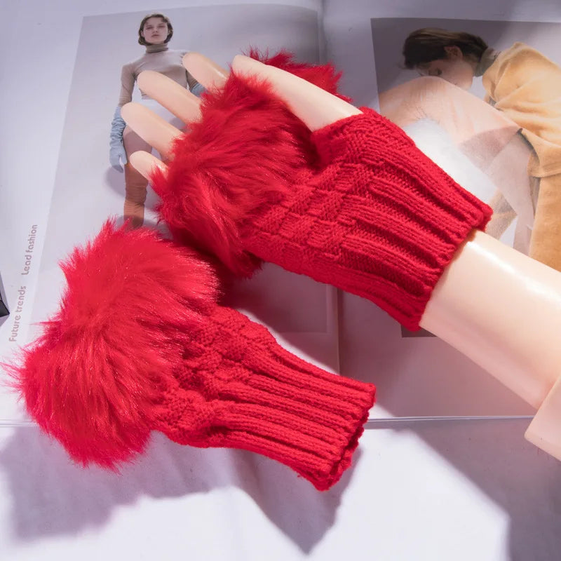 Fingerless Gloves with Faux Fur Wrist Warmer, Wool Hand Warmer, Stretchy, for Colder Days, Winter Comfort | Sansoti