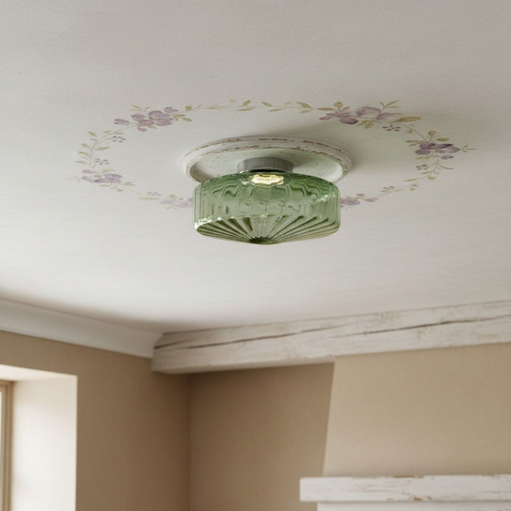 Vintage Geribbeld Glazen Plafondlamp Groen – Klassieke Verlichting voor Eetkamer, Entree & Gang | Sansoti