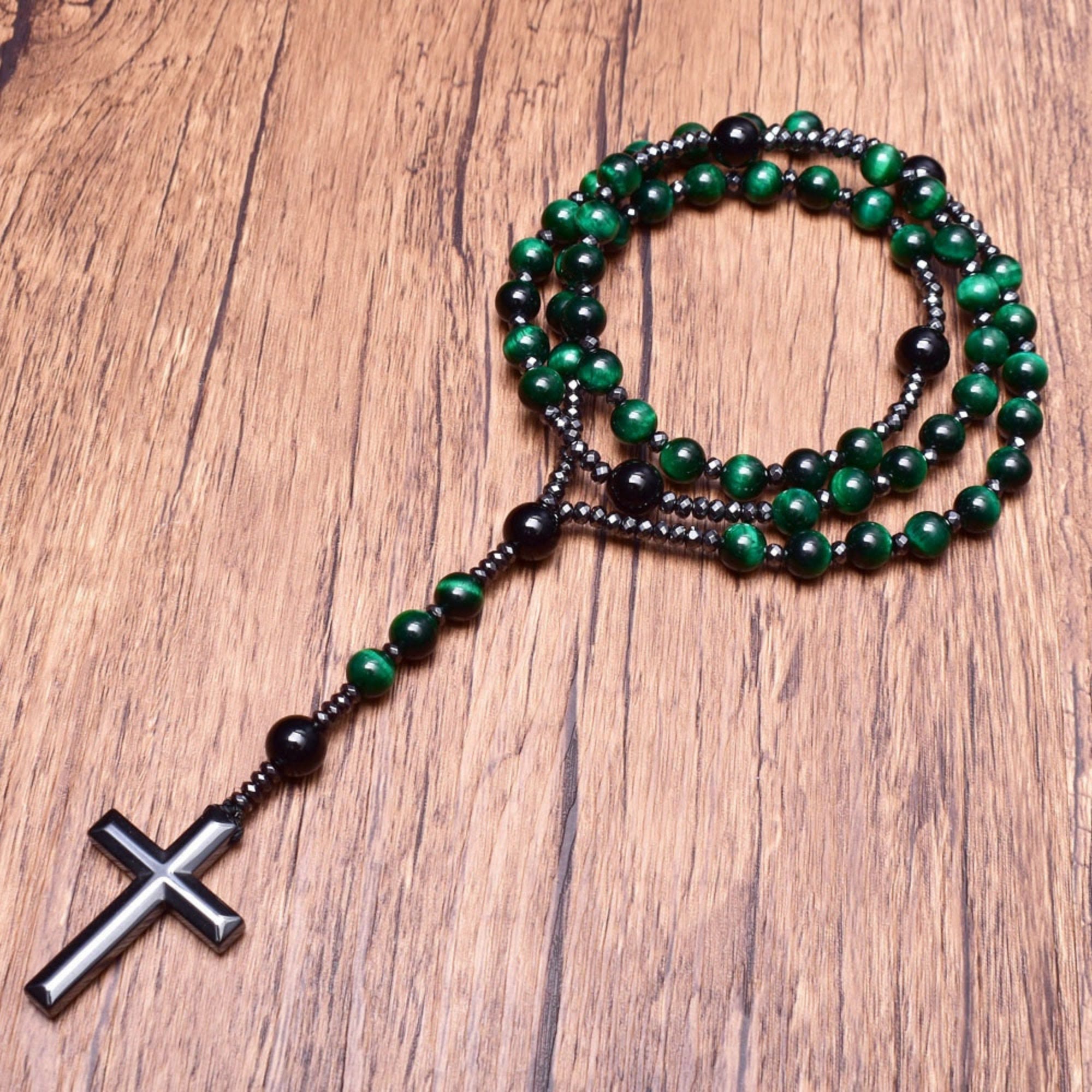 Natuursteen Rozenkrans Ketting met Kruis Hanger voor Mannen Zwart Blauw Groen Grijs | Sansoti