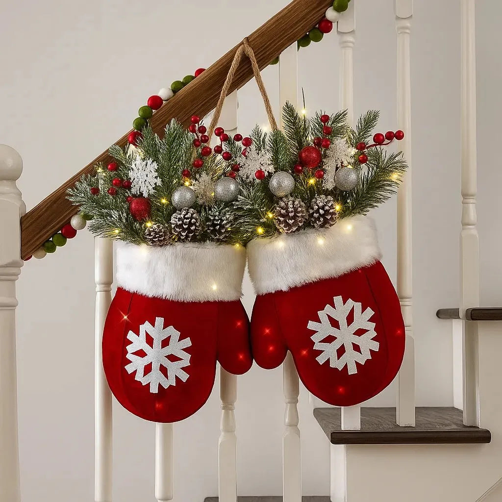 Beleuchtete Winterhandschuhe-Türdekoration 30x30cm Rot Plüsch-Weihnachtsanhänger Tannenzweige LED-Warmweißes Licht Weihnachten | Sansoti