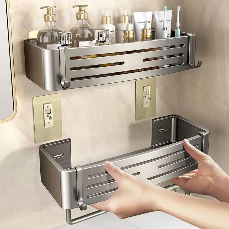 Zelfklevend Aluminium Wandrek Badkamer Organizer Zonder Boren Roestvrij Opbergplank Douche Handdoekhouder | Sansoti