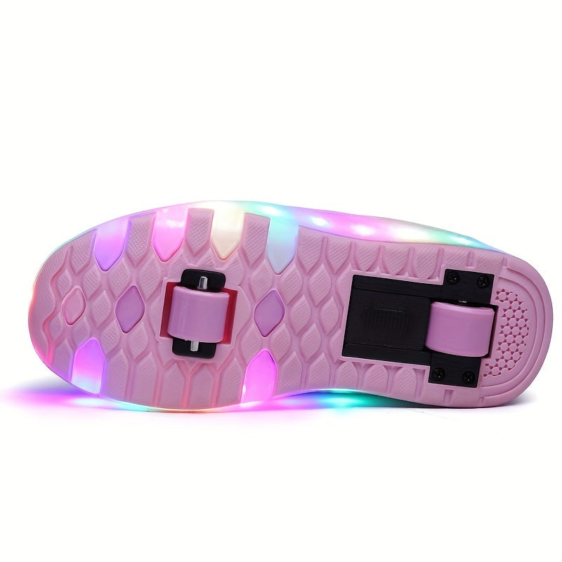 Roller sneakers kinderen LED kunstleer roze met wieltjes afneembaar schoenen skates lichtgevende kinderschoenen | Sansoti