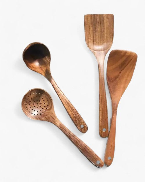 Teakhouten Keukengerei Set | Duurzaam Houten Bestek voor Dagelijks Koken | Zachtvoor Pannen | Elegant Keukenaccessoire | Milieuvriendelijk | Sansoti