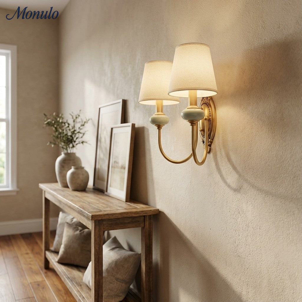 Keramische wandlamp met stoffen kap - 1 of 2 lichtpunten - E27 - diverse kleuren & stijlen | Sansoti