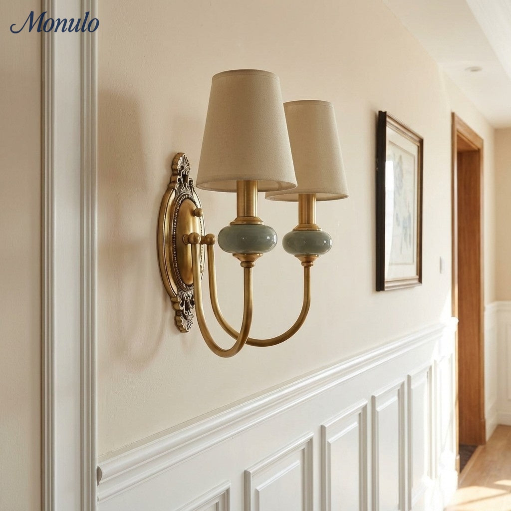 Keramische wandlamp met stoffen kap - 1 of 2 lichtpunten - E27 - diverse kleuren & stijlen | Sansoti