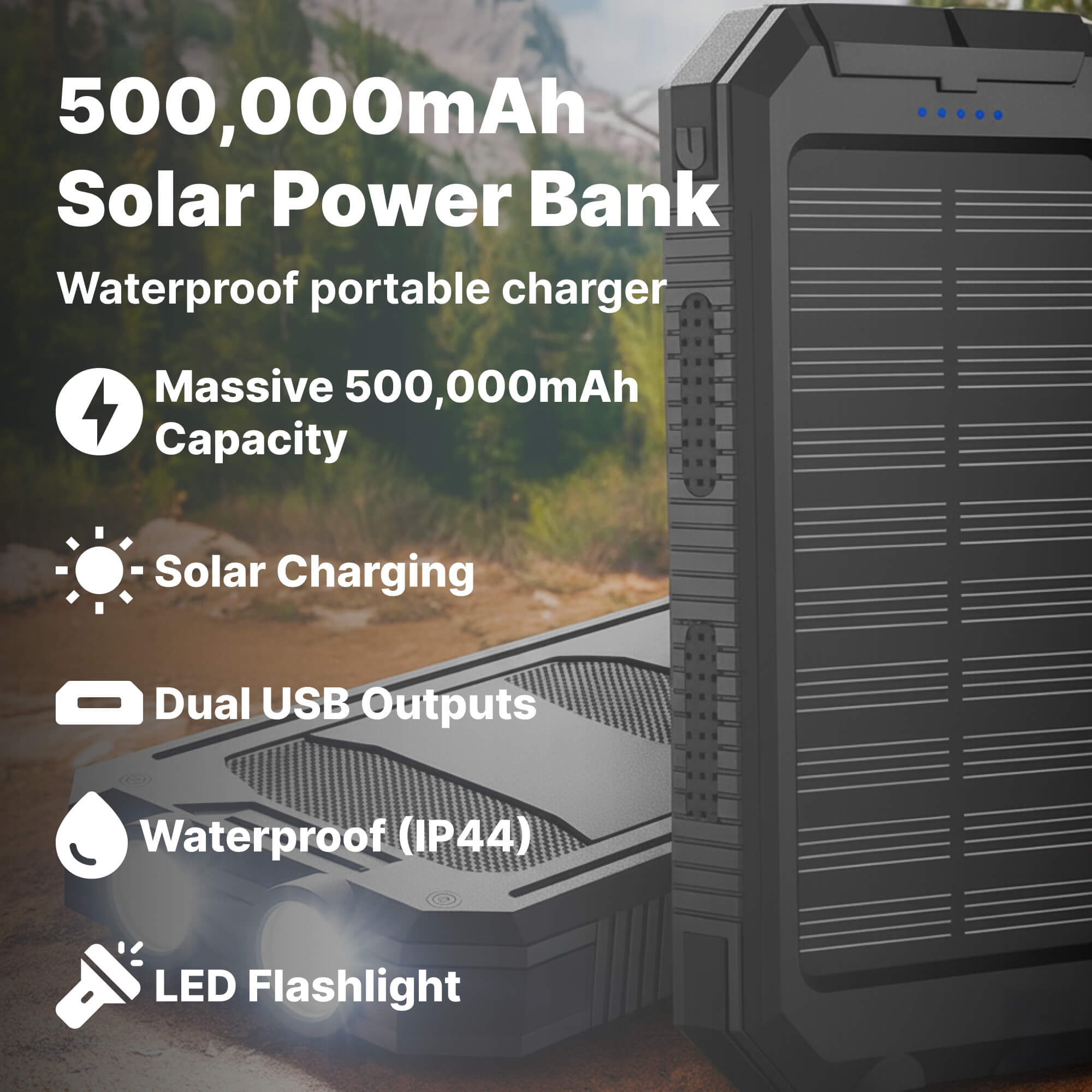 Powerbank solaire avec capacité de 500 000 mAh, double port USB et boîtier étanche pour extérieur et alimentation d’urgence | Restfield