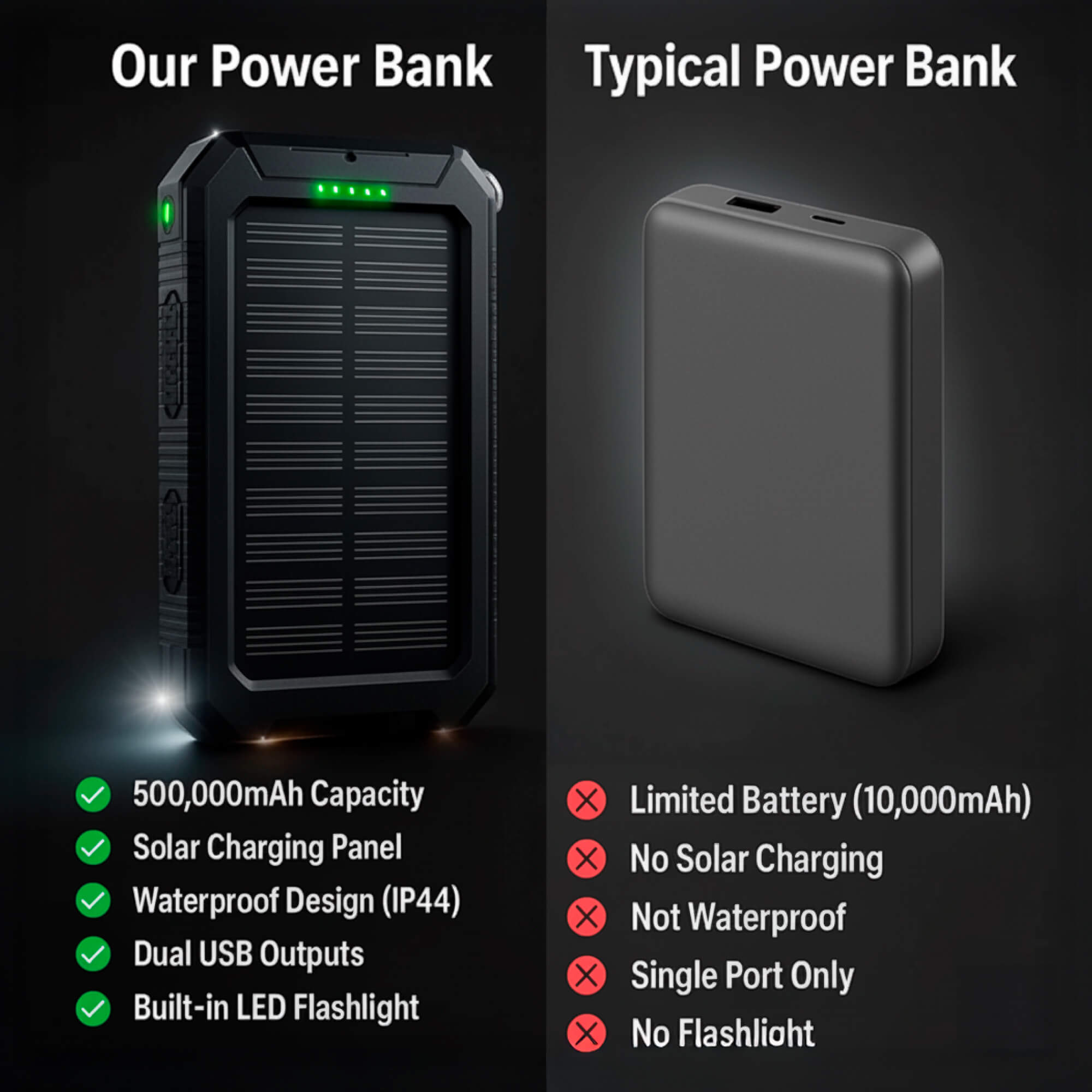 Solar Powerbank mit 500.000mAh Kapazität, Dual-USB-Anschlüssen und wasserdichtem Gehäuse für Outdoor und Notstrom | Restfield