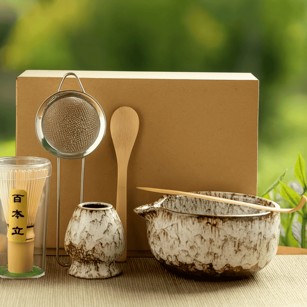 Japanese Matcha Tea Ceremony Set 6-Piece Porcelain Bamboo Bowl Whisk Sieve Spoon Holder Authentic Ritual | Sansoti