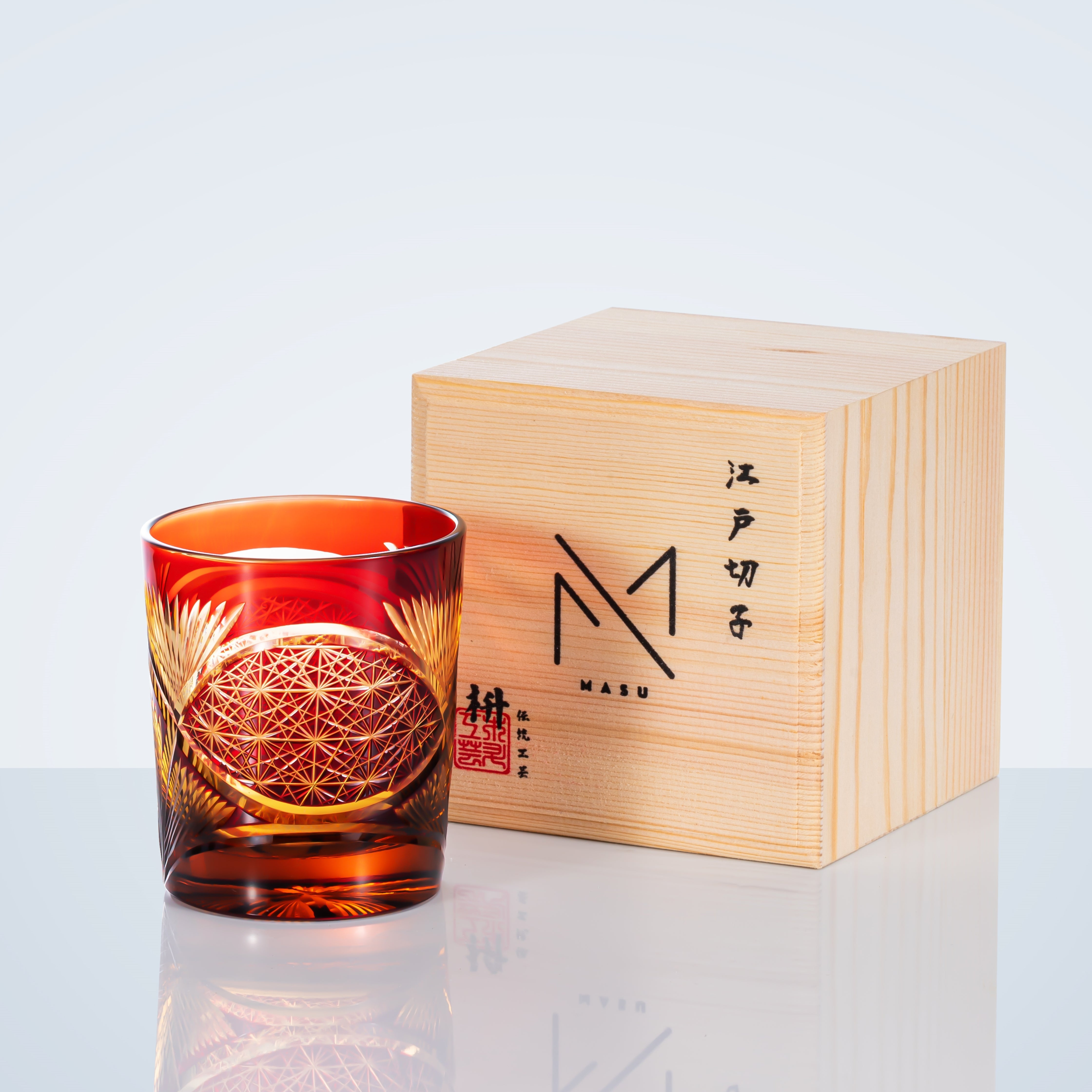 Verre à whisky Edo Kiriko Plume de grue Ambre Fait main Cristal japonais Boîte en bois | Restfield