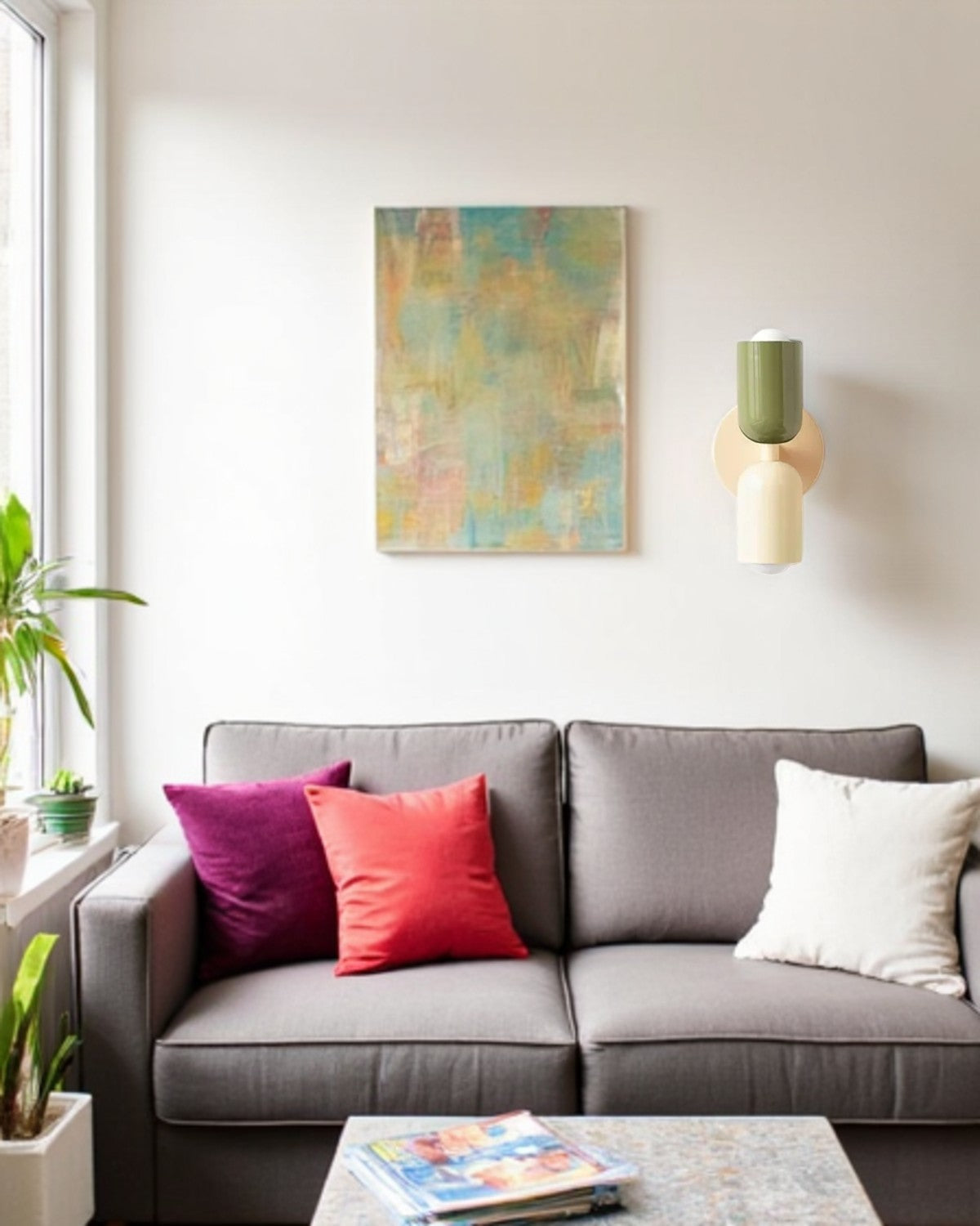 Dubbele Wandlamp met Ronde Lampenkappen – Modern Design in Groen, Beige, Rood of Roze – Sfeerverlichting voor Slaapkamer, Woonkamer en Hal | Sansoti