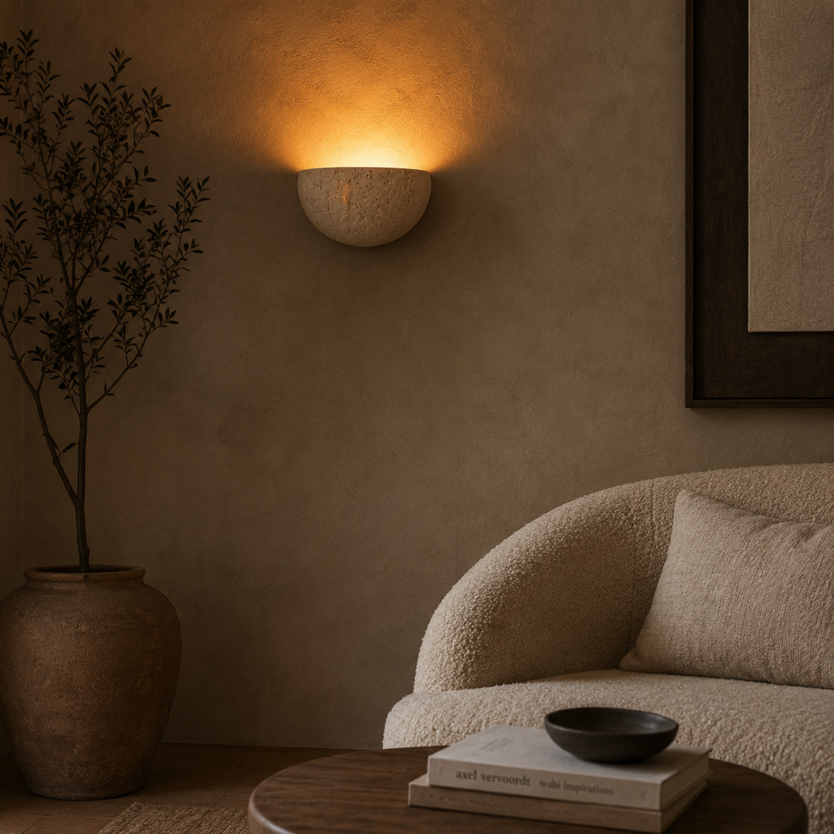 Travertin-Wandleuchte aus Naturstein Beige Warmweißes Licht für Schlafzimmer, Flur und Wohnzimmer Modernes stimmungsvolles Interieur | Sansoti