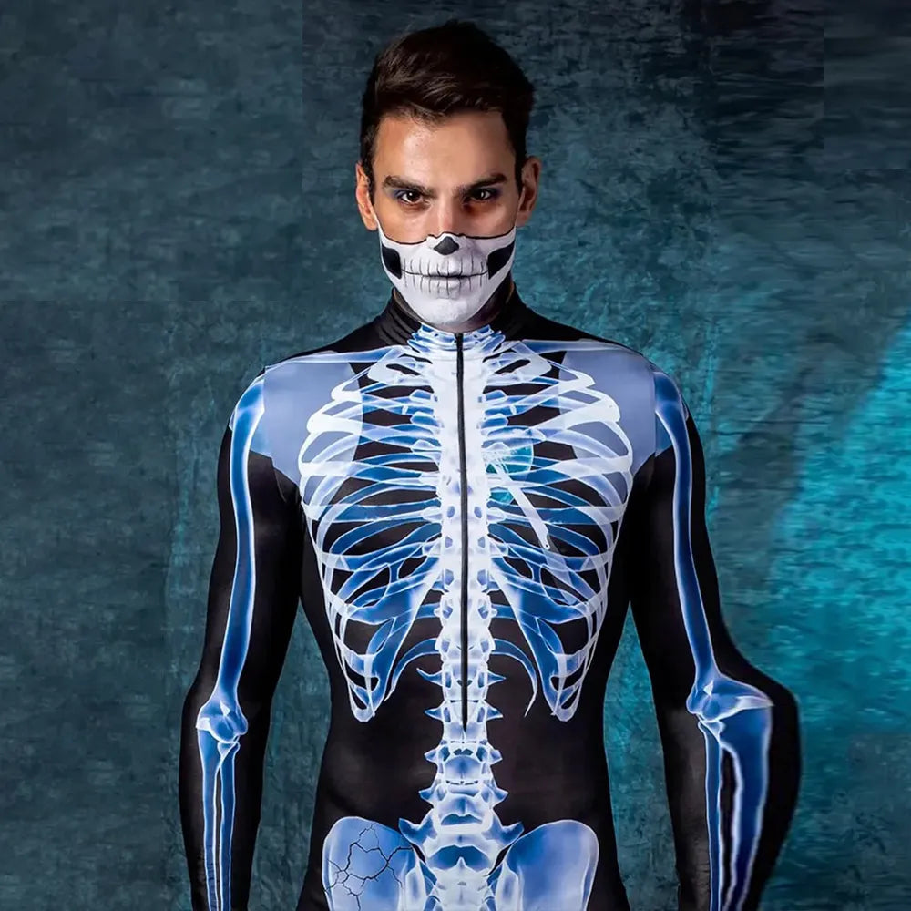 Kostium szkieletu typu bodysuit na całe ciało z anatomicznym nadrukiem kości na imprezy tematyczne i Halloween | Sansoti