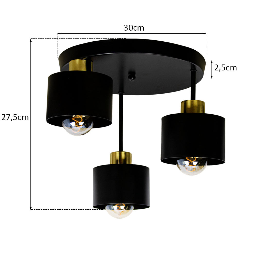 Plafondlamp 3 Lichts Zwart Goud Metaal E27 Ø30cm Modern Design | Sansoti