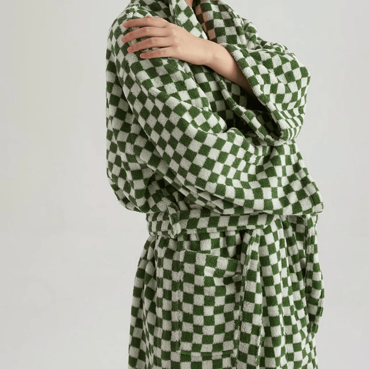 Organic Cotton Bathrobe with Checked Jacquard Weave Texture Green Yellow Loungewear Wellness Spa Women's | Sansoti