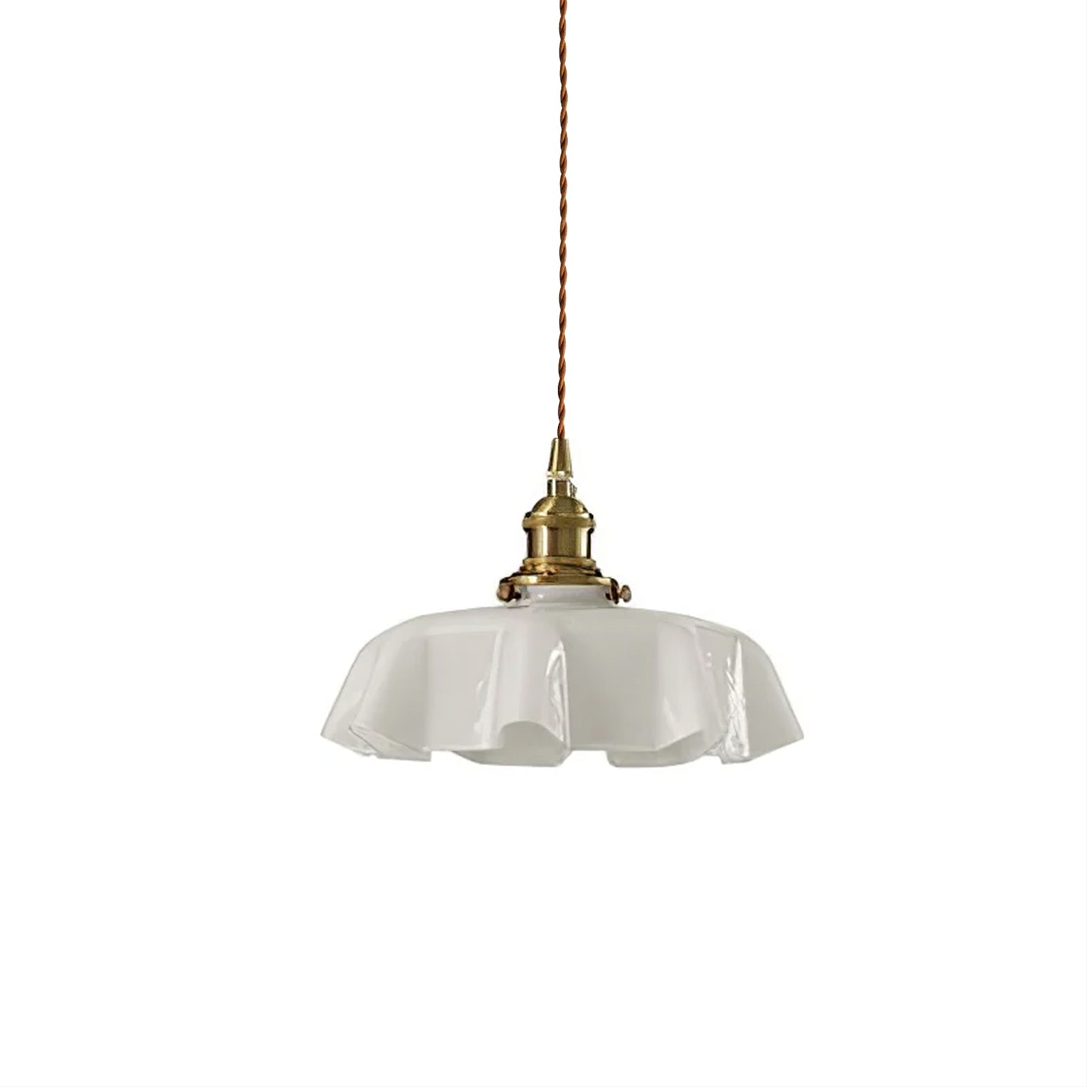 Geplooide Glazen Hanglamp met Messing Armatuur — Vintage Franse Stijl in Wit, Beige, Roze of Blauw — Verstelbare Kabel 150 cm | Sansoti