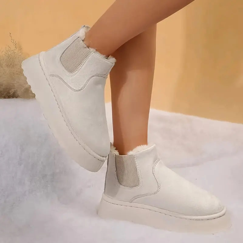 Fleece Slip-On Laarzen met Bontvoering Dames Platte Hak Ronde Neus Zachte Warme Winterlaarzen Beige Bruin Grijs Zwart | Sansoti
