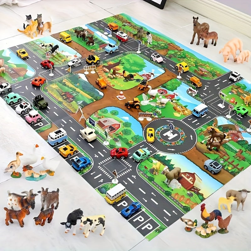 Speelkleed Boerderij Verkeer 100 x 130 cm Antislip Kinderkamer Speelmat Wegenkleed Educatief Rollenspel | Sansoti