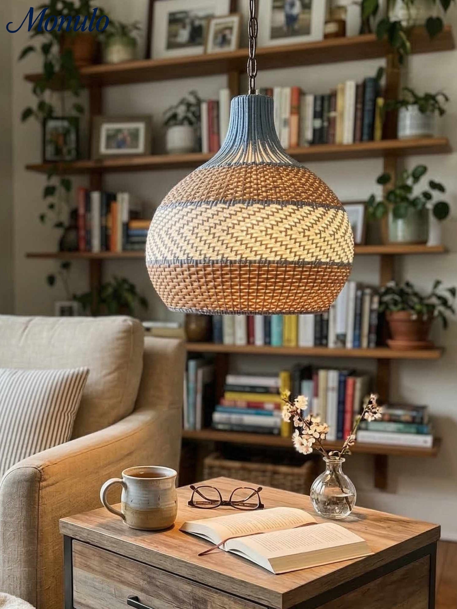 Handgeweven Rotan Hanglamp Blauw Vintage Kap Eetkamer Keuken Woonkamer Scandinavisch Lichtarmatuur | Sansoti
