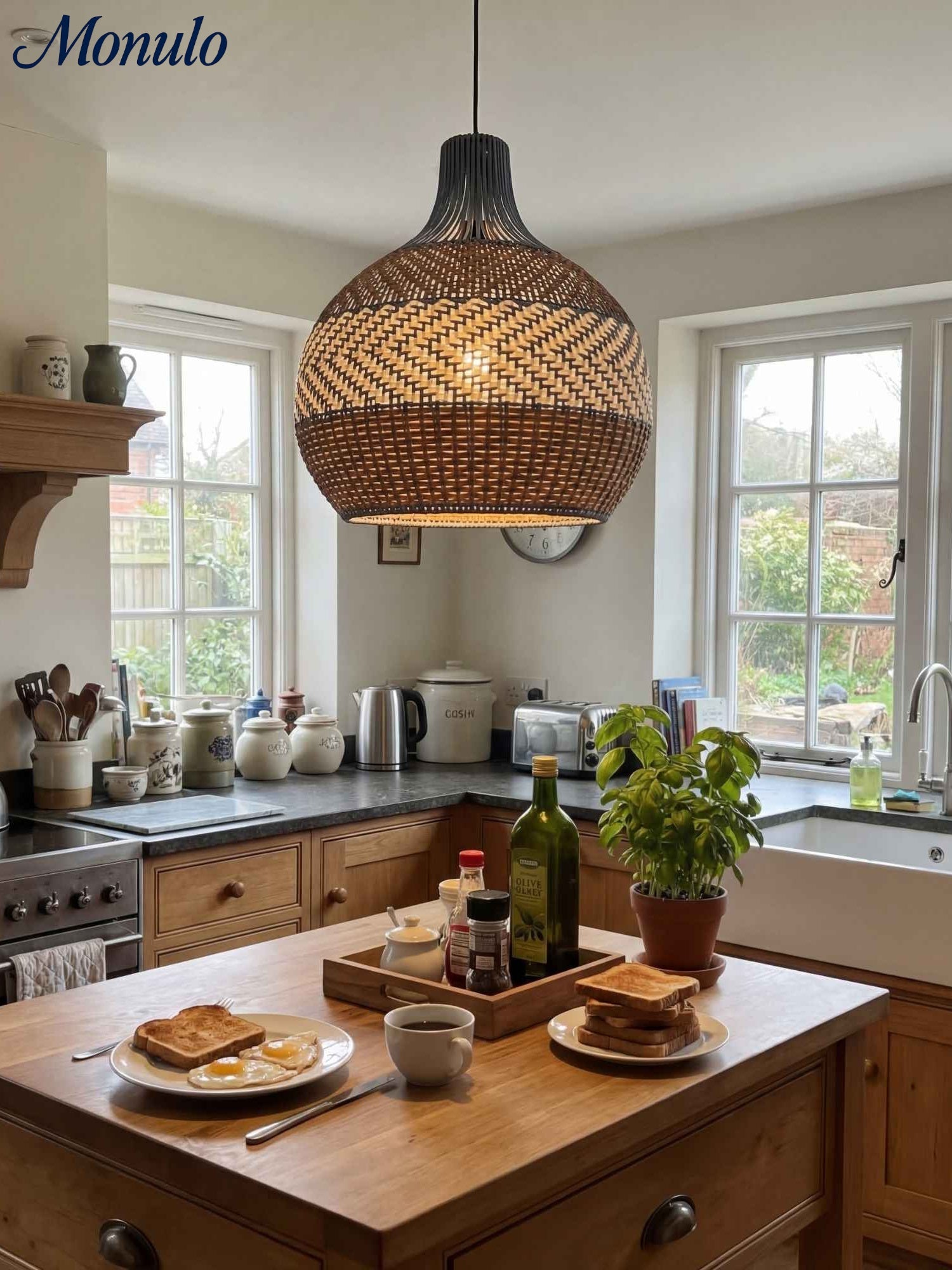 Handgeweven Rotan Hanglamp Blauw Vintage Kap Eetkamer Keuken Woonkamer Scandinavisch Lichtarmatuur | Sansoti