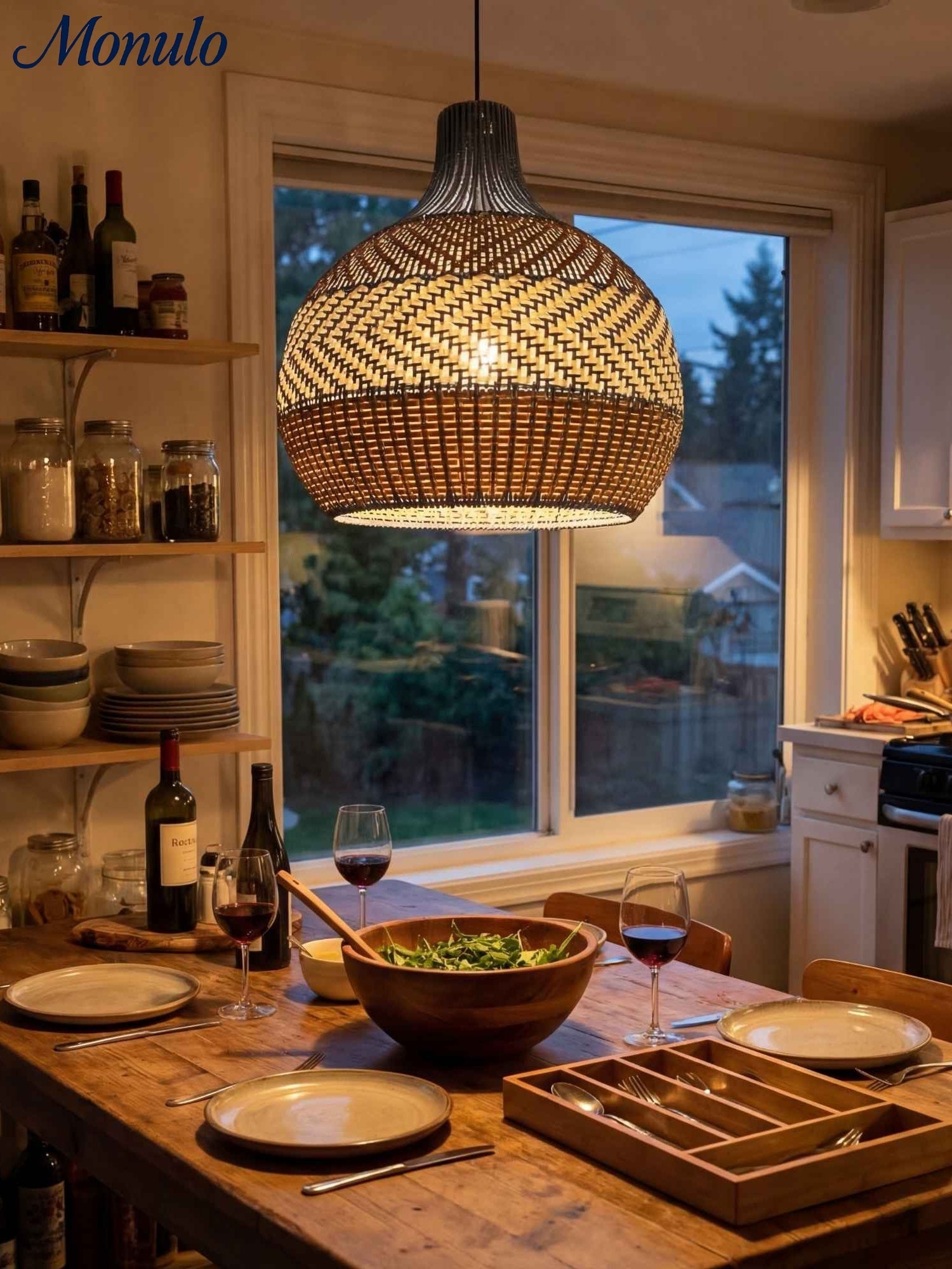 Handgeweven Rotan Hanglamp Blauw Vintage Kap Eetkamer Keuken Woonkamer Scandinavisch Lichtarmatuur | Sansoti