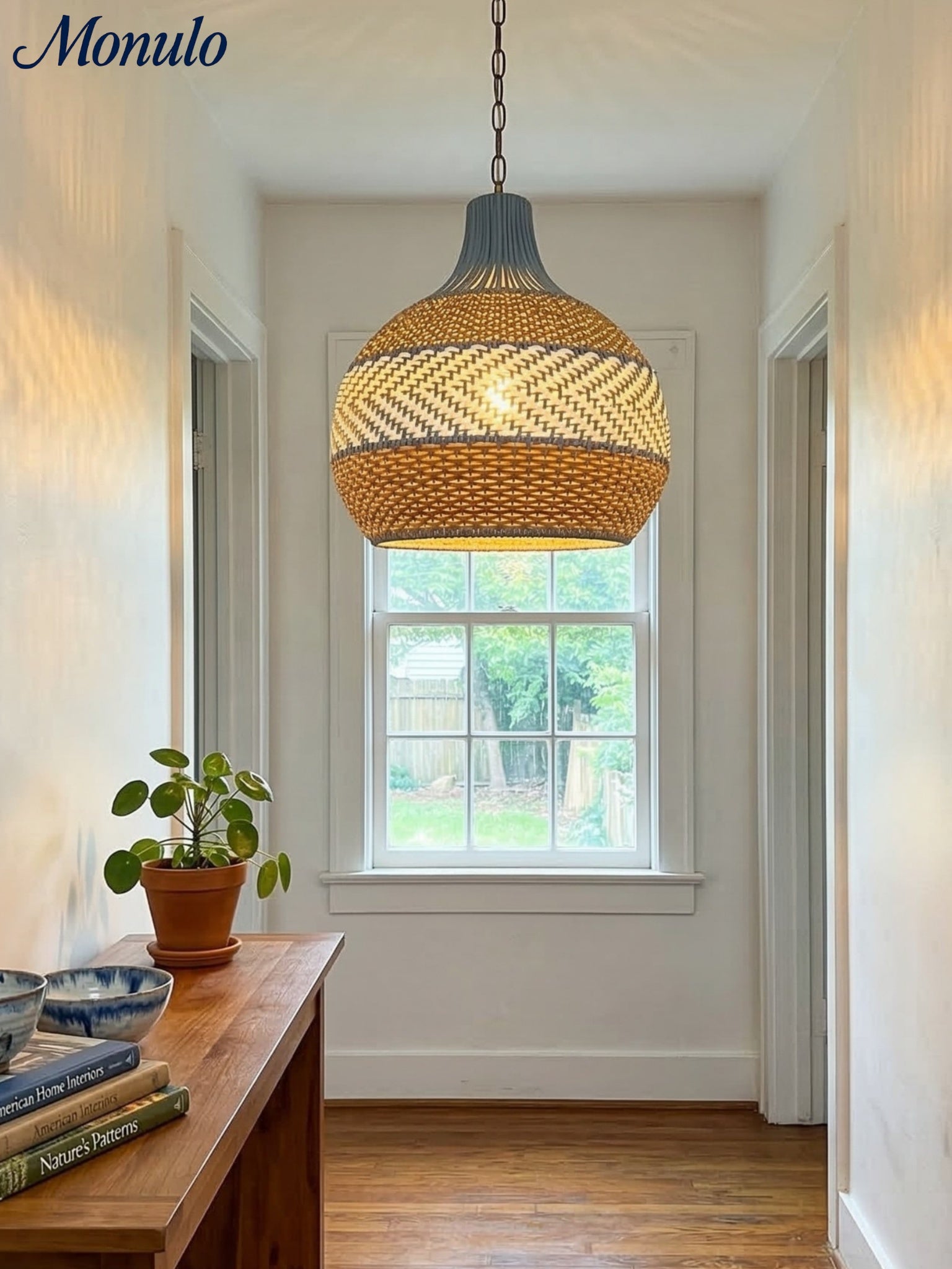 Handgeweven Rotan Hanglamp Blauw Vintage Kap Eetkamer Keuken Woonkamer Scandinavisch Lichtarmatuur | Sansoti