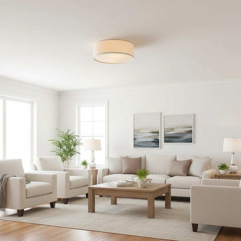 Linen ceiling lamp with drum shade, modern design, E27 socket, Scandinavian style, bedroom, living room | Sansoti